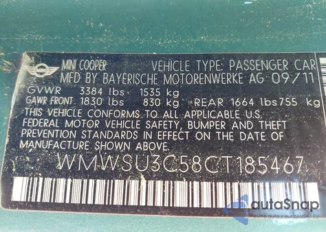 2012 Mini Cooper из США, поврежденный, VIN WMWSU3C58CT185467